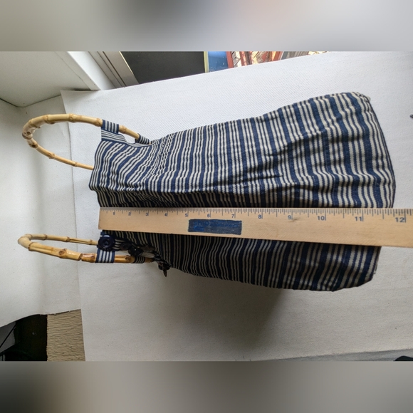 Old Country Road Handbag Bamboo Clutch Polyester Navy Blue Grey Stripes L-2 - Picture 9 of 13